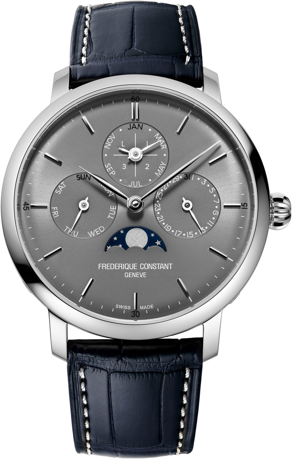 Мужские часы Frederique Constant Manufacture FC-775G4S6 Стильные мужские швейцарские часы, мануфактурный автоматический маханизм, стальные, на ремешке из кожи аллигатора, тонкий корпус, идеально подходят под деловой костюм и повседневный стиль, вечный календарь