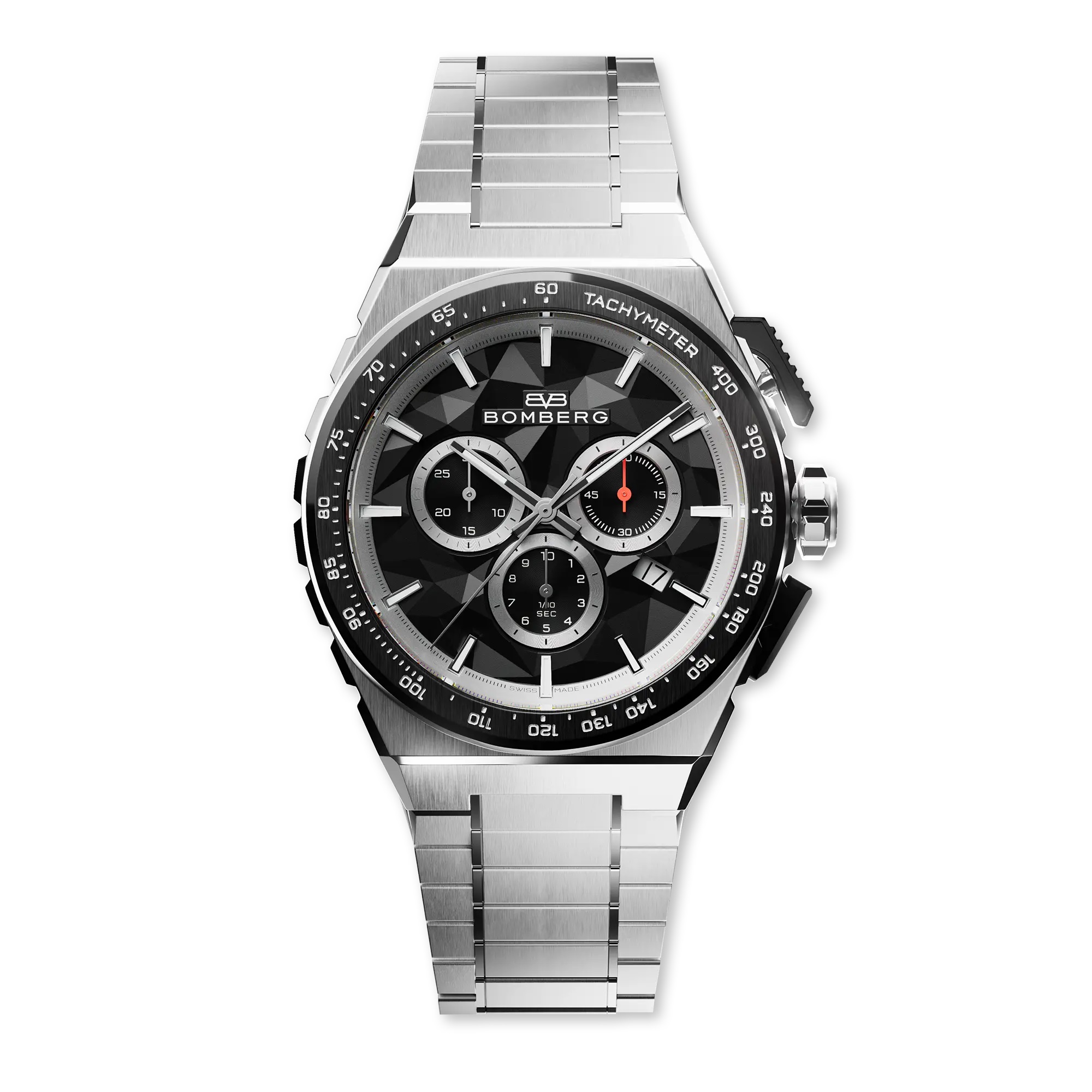 BOM 42mm stainless steel 
Ceramic bezel
Black and silver dial
Metal bracelet