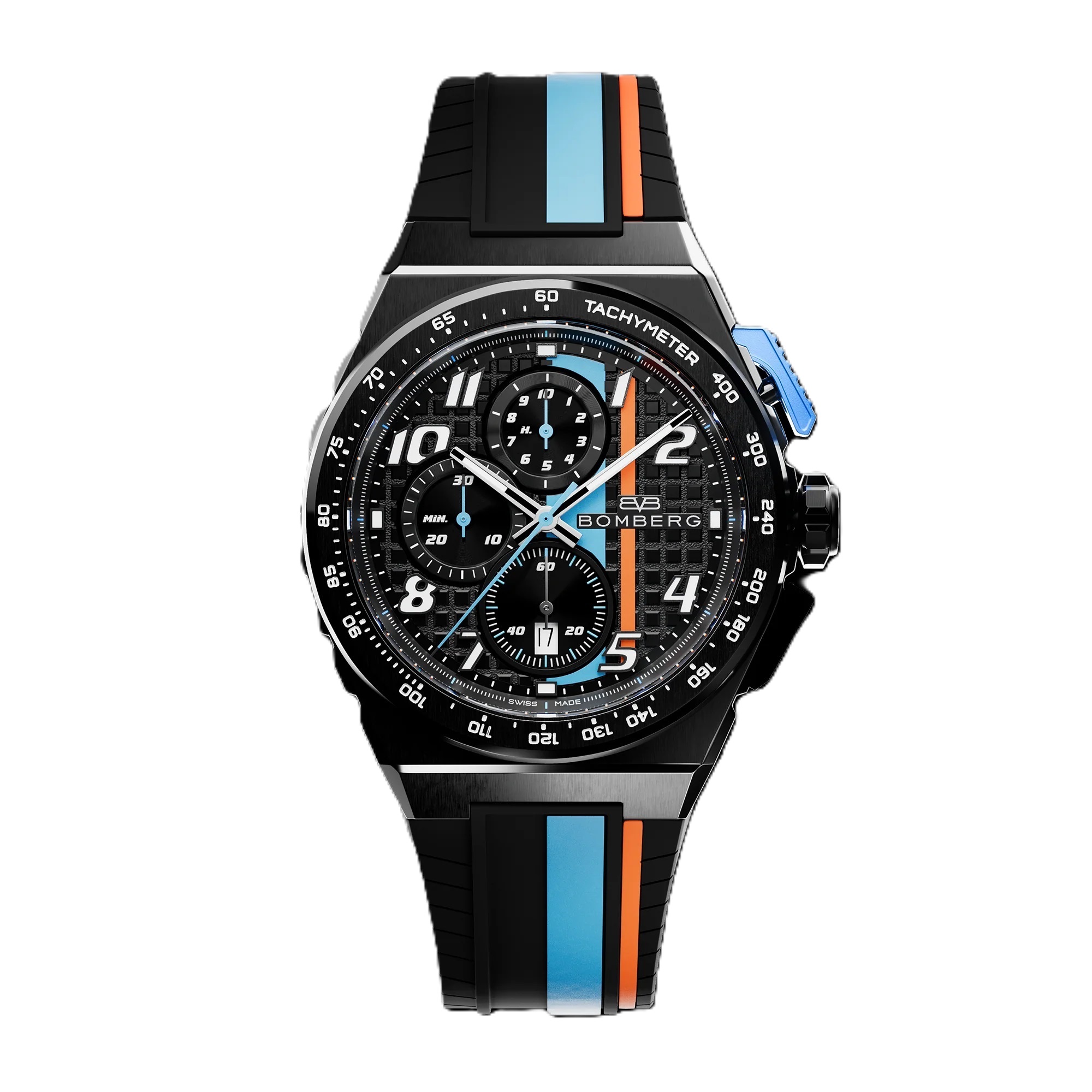 BOM 42mm stainless steel -Black, Blue and orange dial -Black & Orange silicone strap 