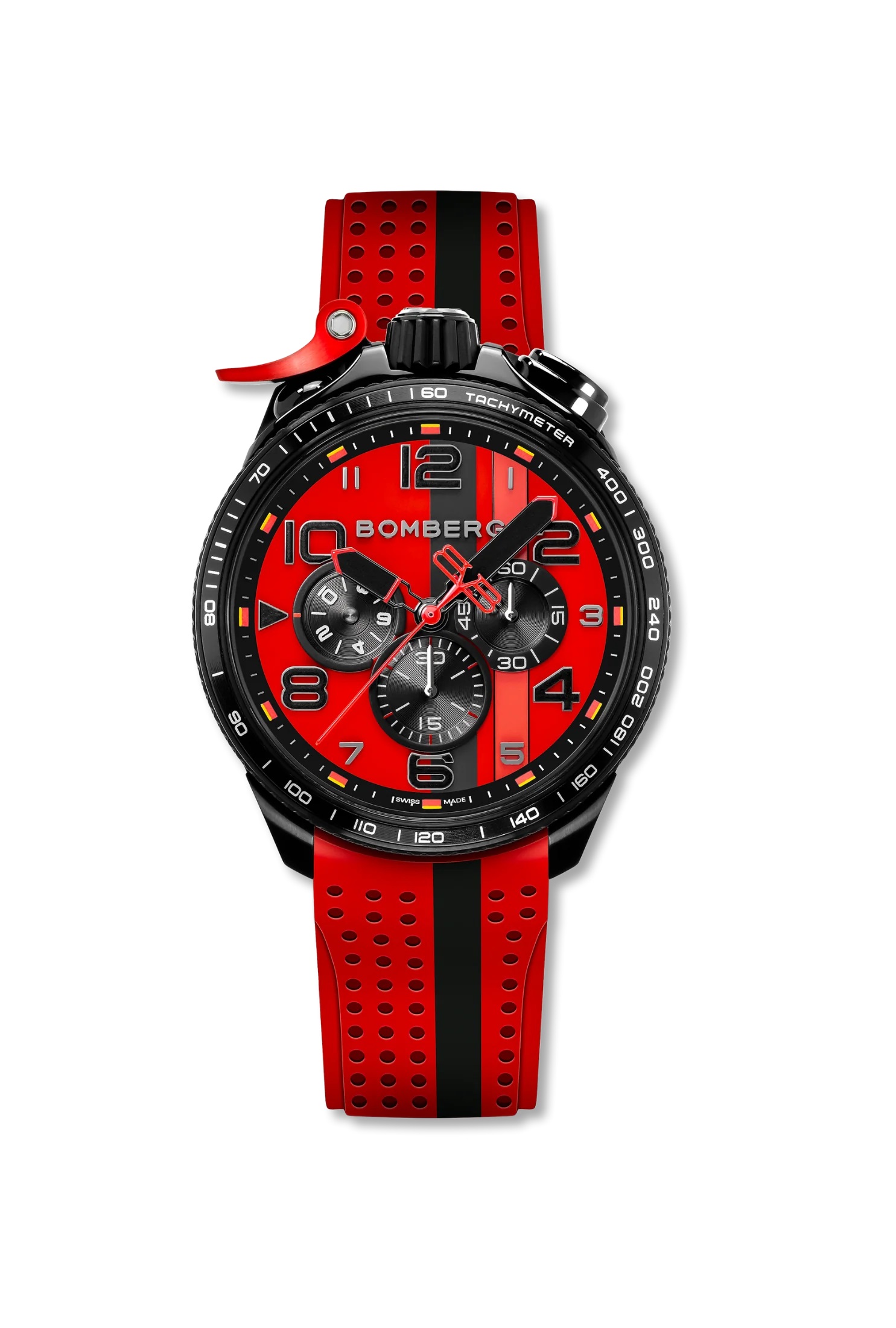 BOM 45mm stainless steel Black PVD
Black & Red dial
Red perforated silicone strap 