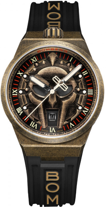BOM 43mm stainless steel PVD color antic bronze 
Spartacus II dial 
Silicone strap with BOMBERG in brown 
