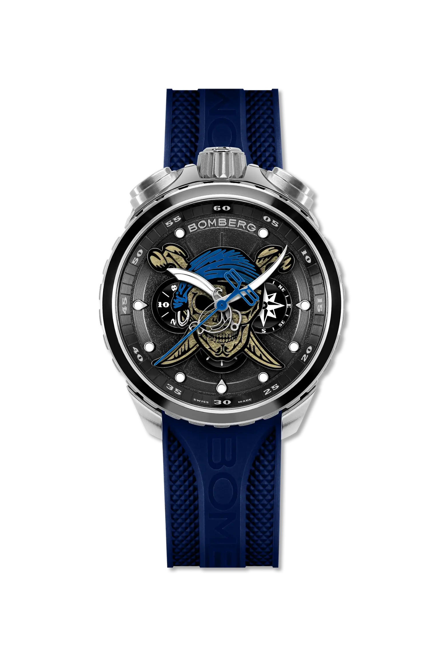BOM 45mm stainless steel Pirates Blue dial Blue silicone strap