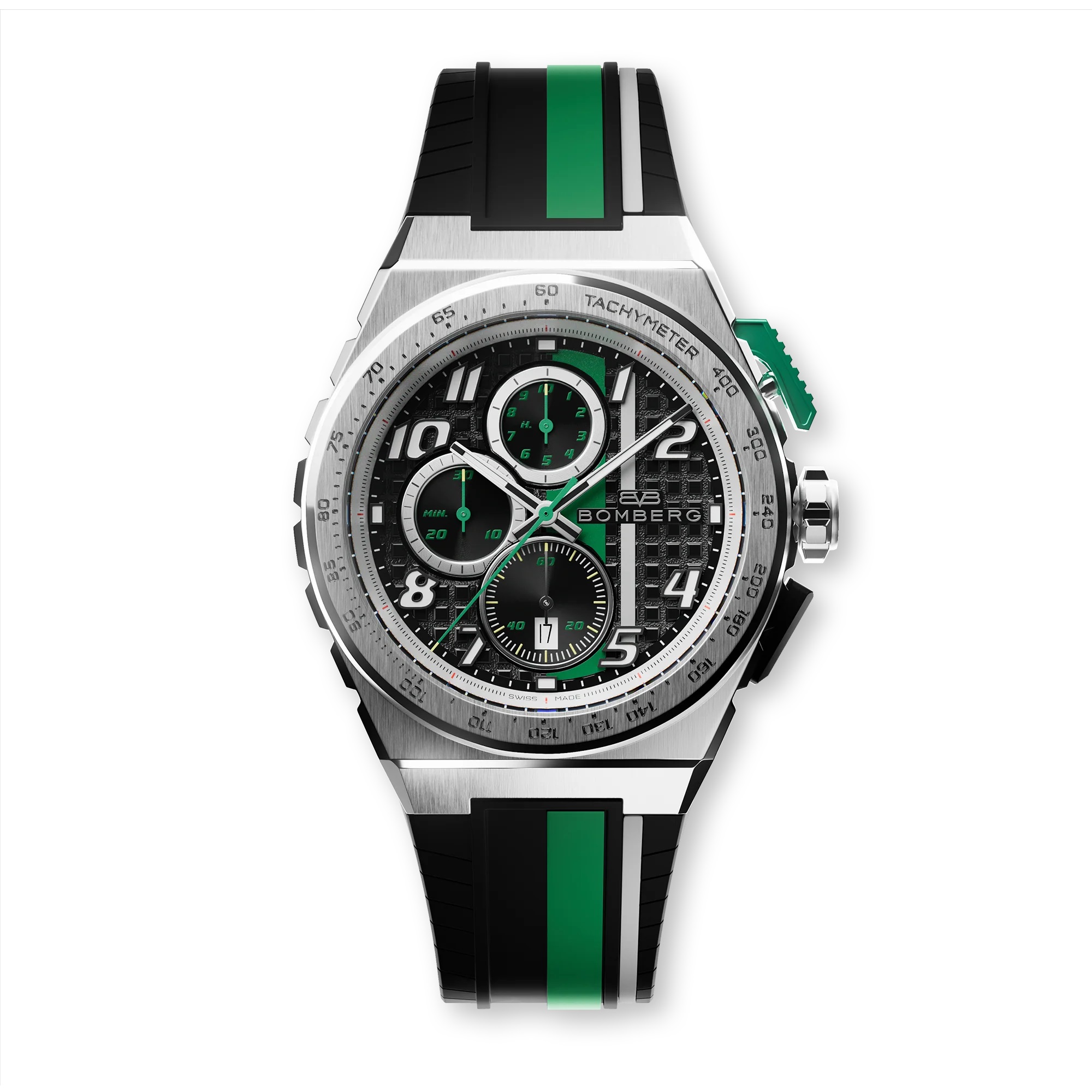 BOM 42mm stainless steel 
Black, Green and Grey dial
Black & Green silicone strap 