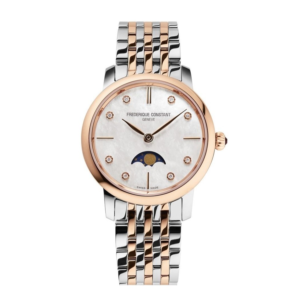 Женские часы Frederique Constant Slimline FC-206MPWD1S2B Элегантные женские швейцарские часы, стальные на металлическом браслете, циферблат из натурального перламутра с бриллиантами, фазы Луны