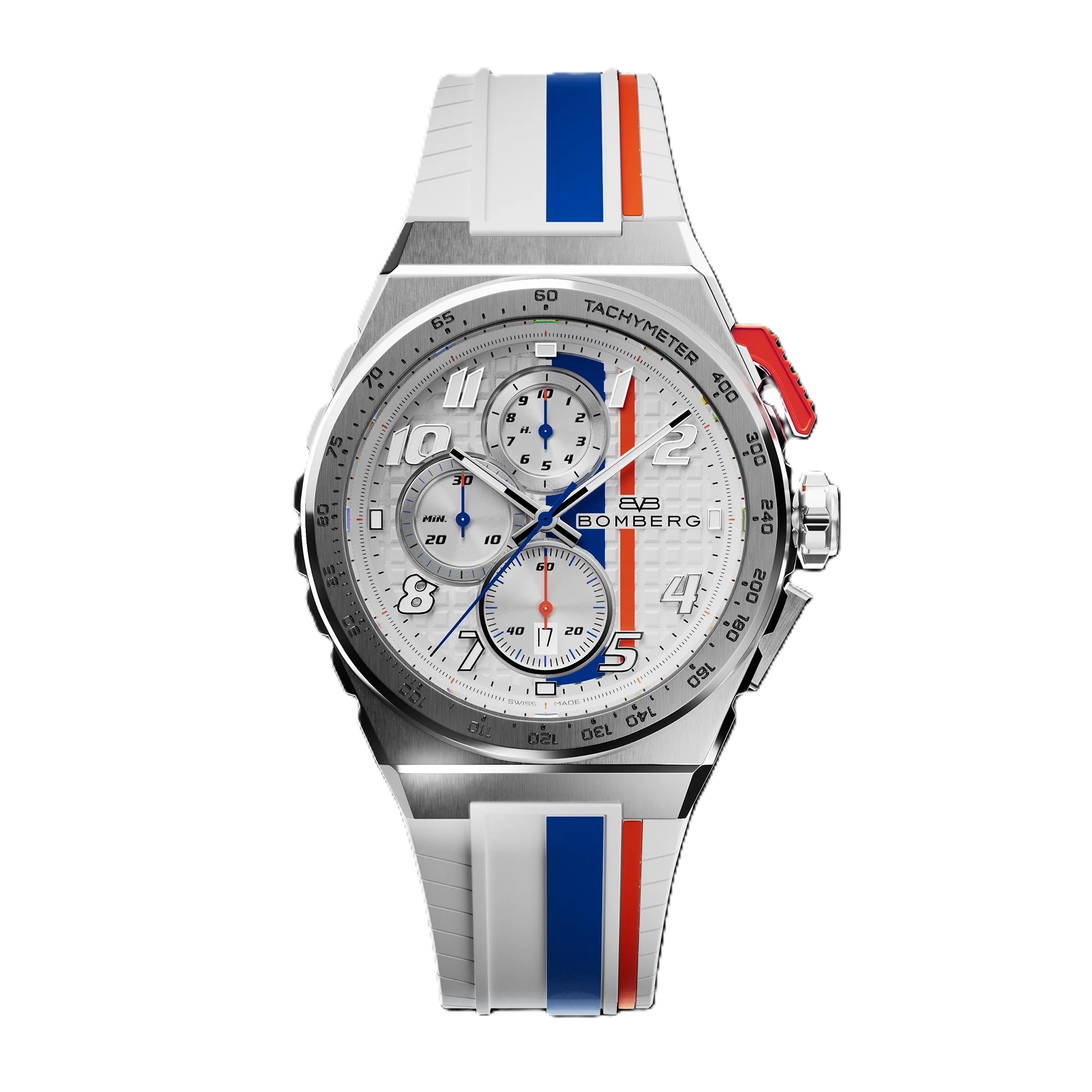 BOM 42mm stainless steel -White, blue and red dial -White & blue silicone strap 