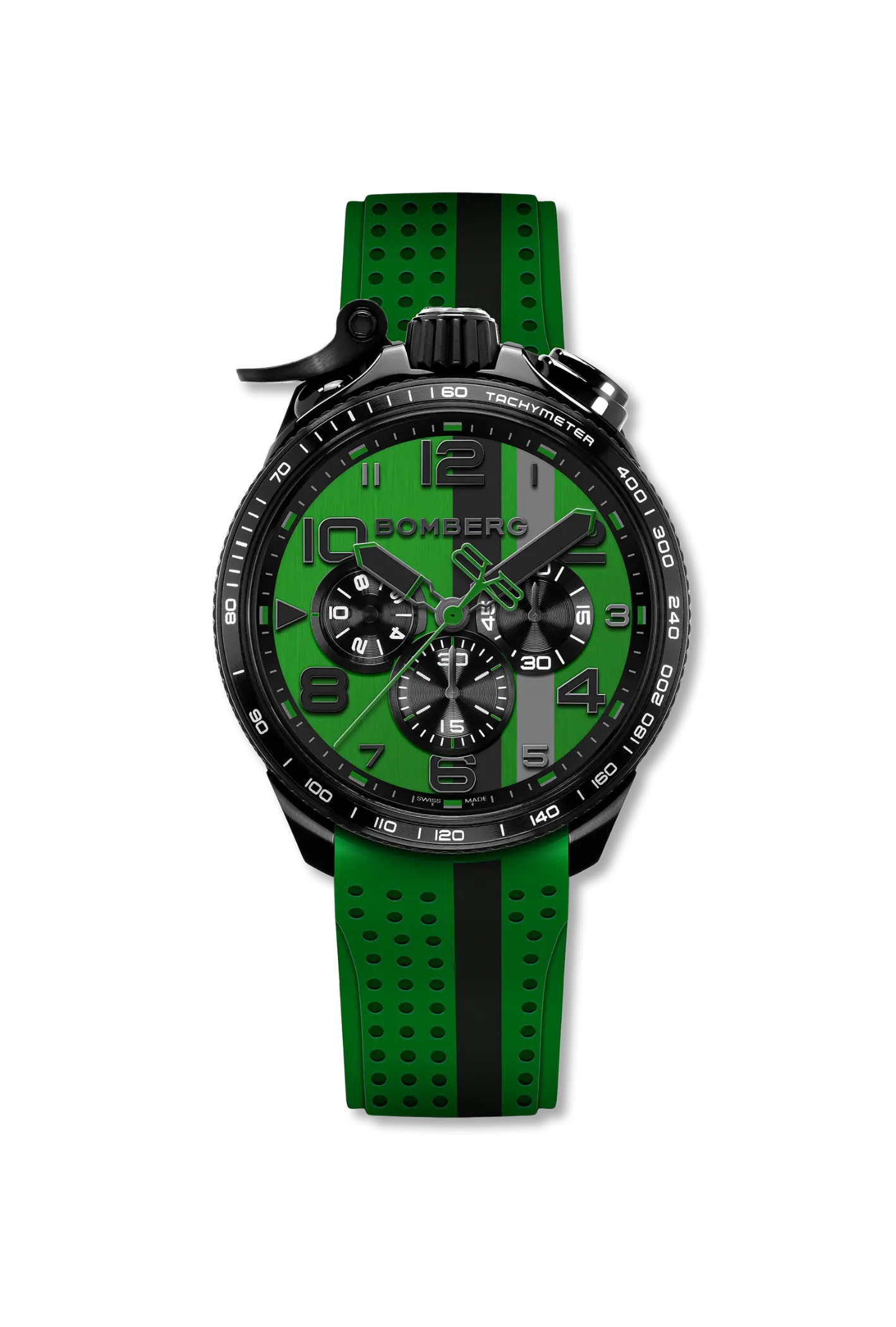 BOM 45mm stainless steel Black PVD Green & Black dial
Green perforated silicone strap