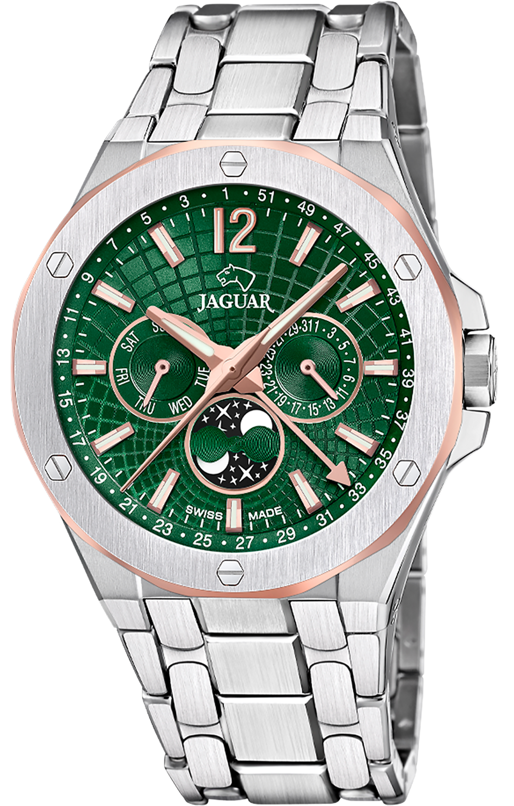 Мужские часы Jaguar DIPLOMATIC MOONPHASE J1039/3 Мужские швейцарские часы, кварцевый механизм, сталь, 44 мм