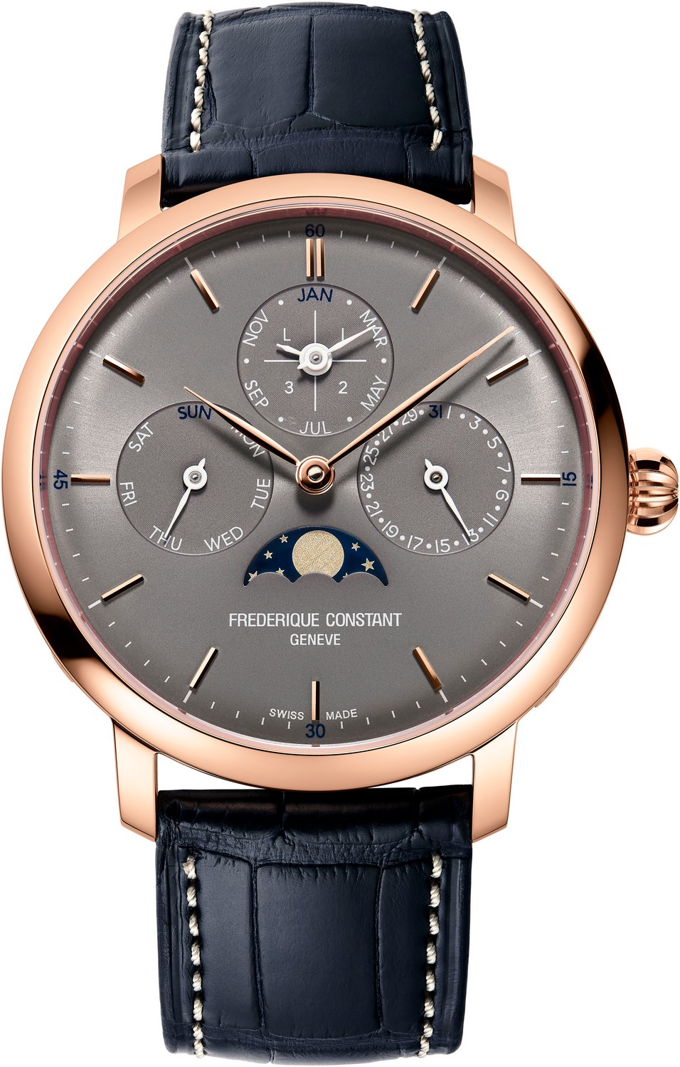 Мужские часы Frederique Constant Manufacture FC-775G4S4 Стильные мужские швейцарские часы, мануфактурный автоматический маханизм, стальные с позолотой, на ремешке из кожи аллигатора, тонкий корпус, идеально подходят под деловой костюм и повседневный стиль, вечный календарь